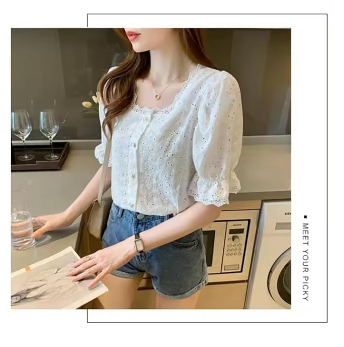 Women's Elegant Eyelet Lace Blouse Puff Sleeve, Button-Down, Square Neck Top - Image 3