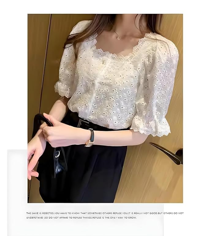 Women's Elegant Eyelet Lace Blouse Puff Sleeve, Button-Down, Square Neck Top - Image 2