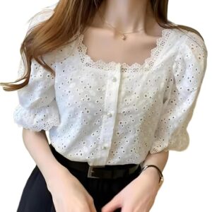 Women's Elegant Eyelet Lace Blouse Puff Sleeve, Button-Down, Square Neck Top