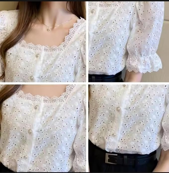 Women's Elegant Eyelet Lace Blouse Puff Sleeve, Button-Down, Square Neck Top - Image 4