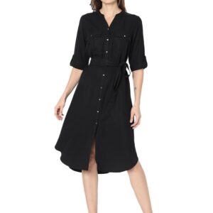 Mandarin Collar Roll-Up Sleeves Shirt Dress with Belt