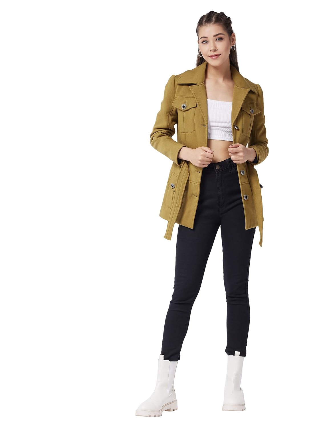 Women's Olive V-Neck Full Sleeve Solid Longline Jacket - Image 2