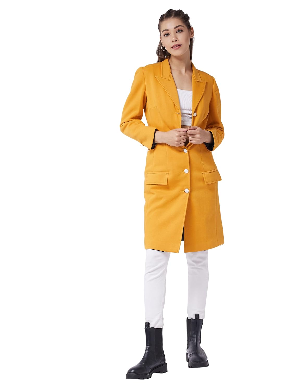Women's Mustard V-Neck Full Sleeve Solid Front-Open Knee Length Jacket