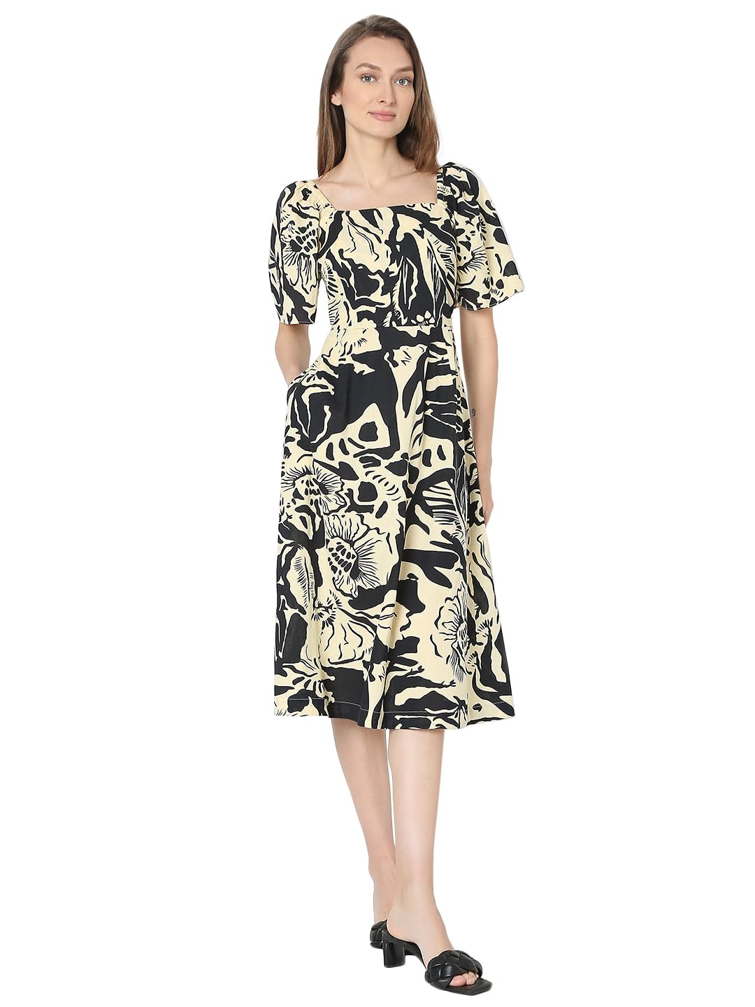 Tropical Printed Fit and Flare Midi Dress