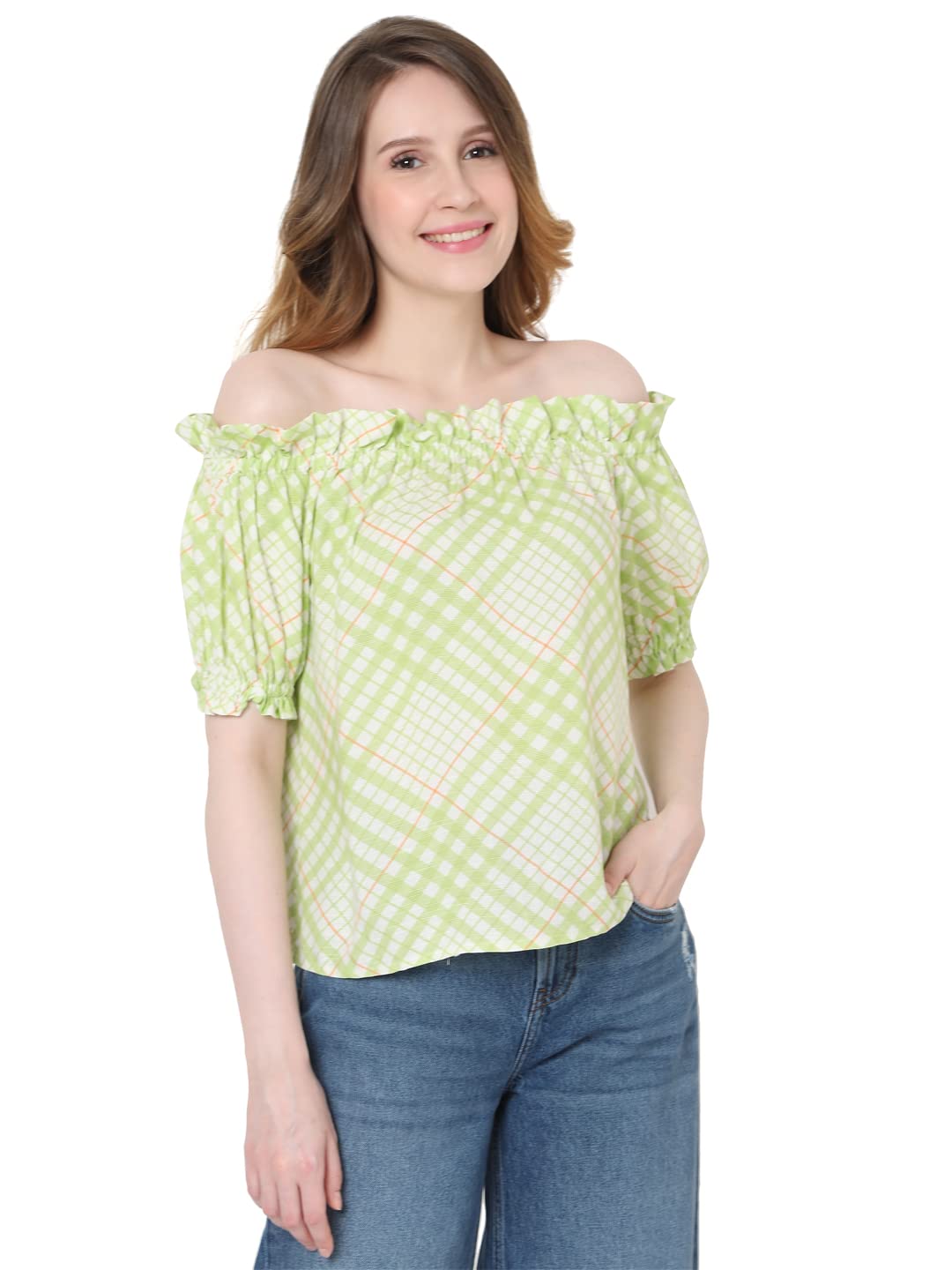 Women's Checkered Regular Fit Off Shouldet Top