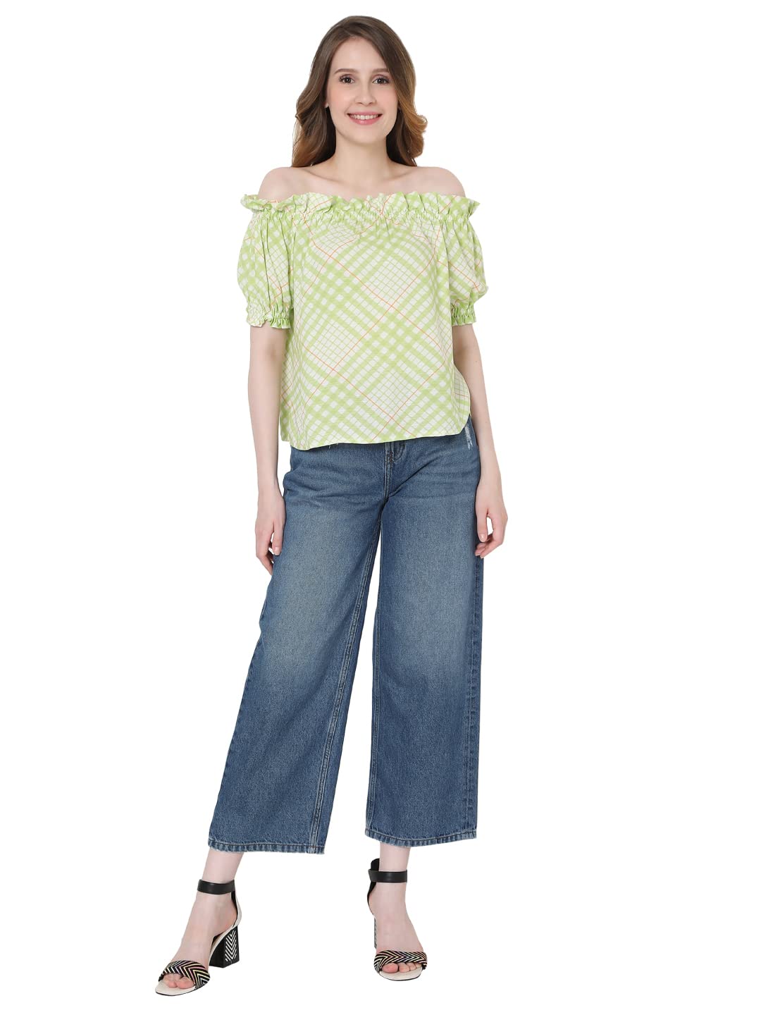 Women's Checkered Regular Fit Off Shouldet Top - Image 4