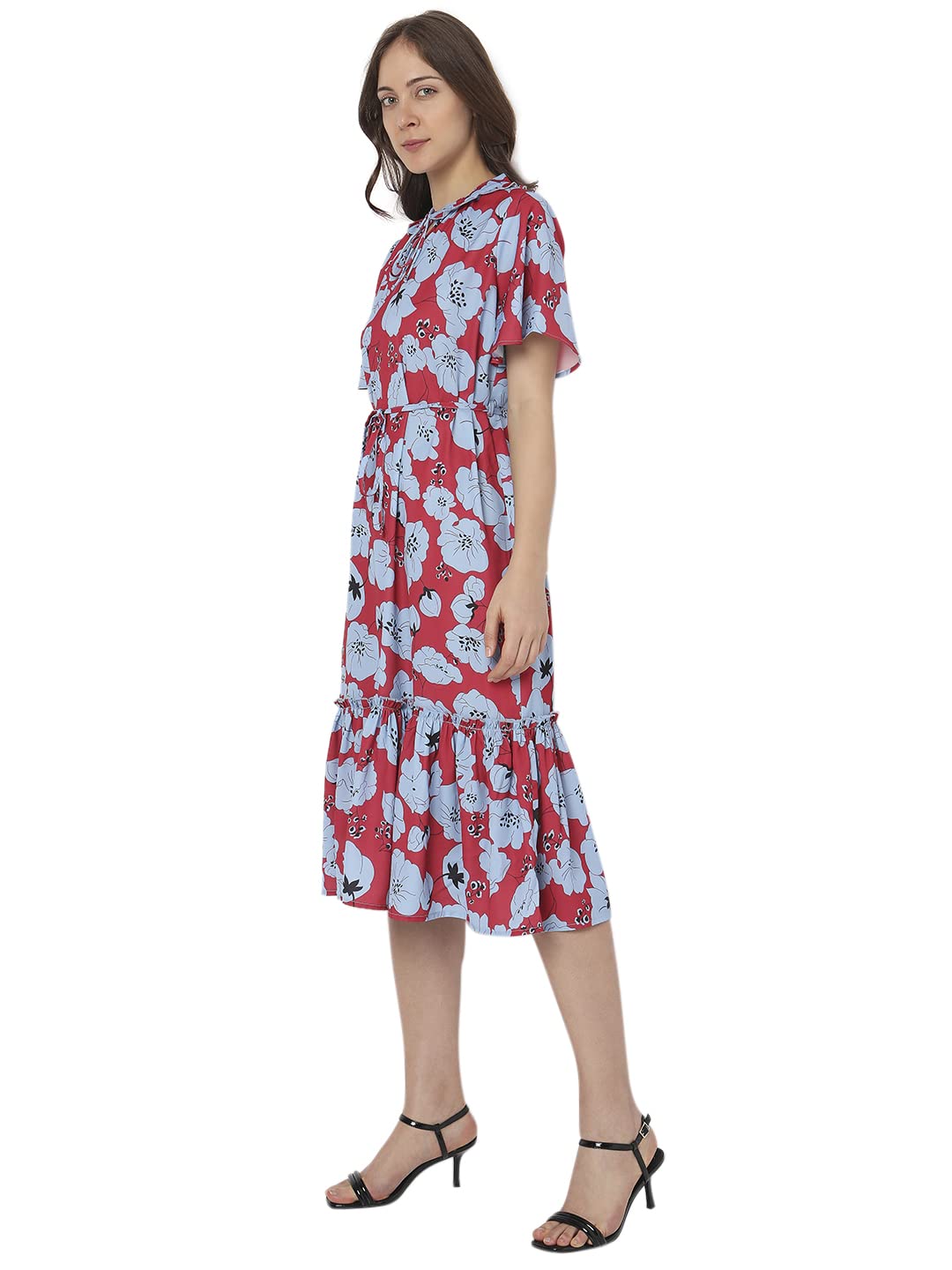 Floral Printed Tie-Up Neck Flounce A-Line Midi Dress - Image 3