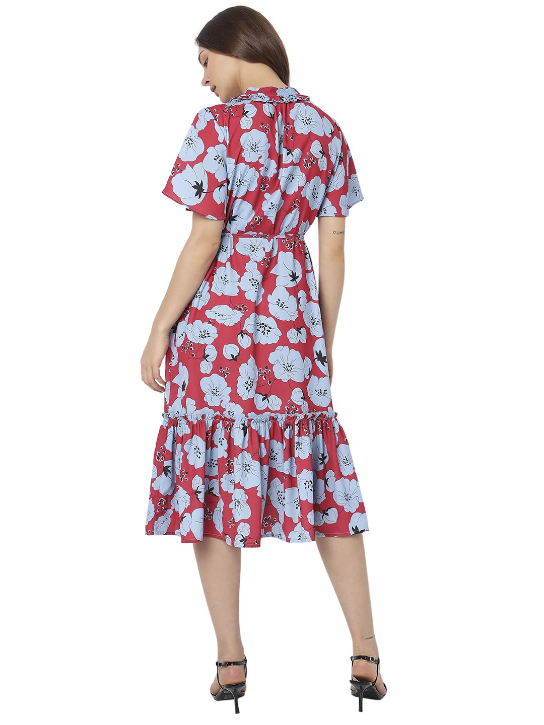 Floral Printed Tie-Up Neck Flounce A-Line Midi Dress - Image 4