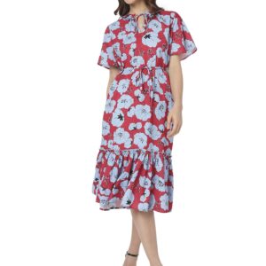 Floral Printed Tie-Up Neck Flounce A-Line Midi Dress