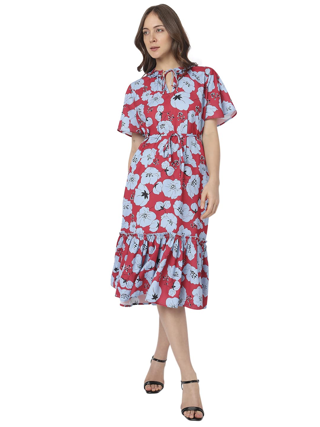 Floral Printed Tie-Up Neck Flounce A-Line Midi Dress