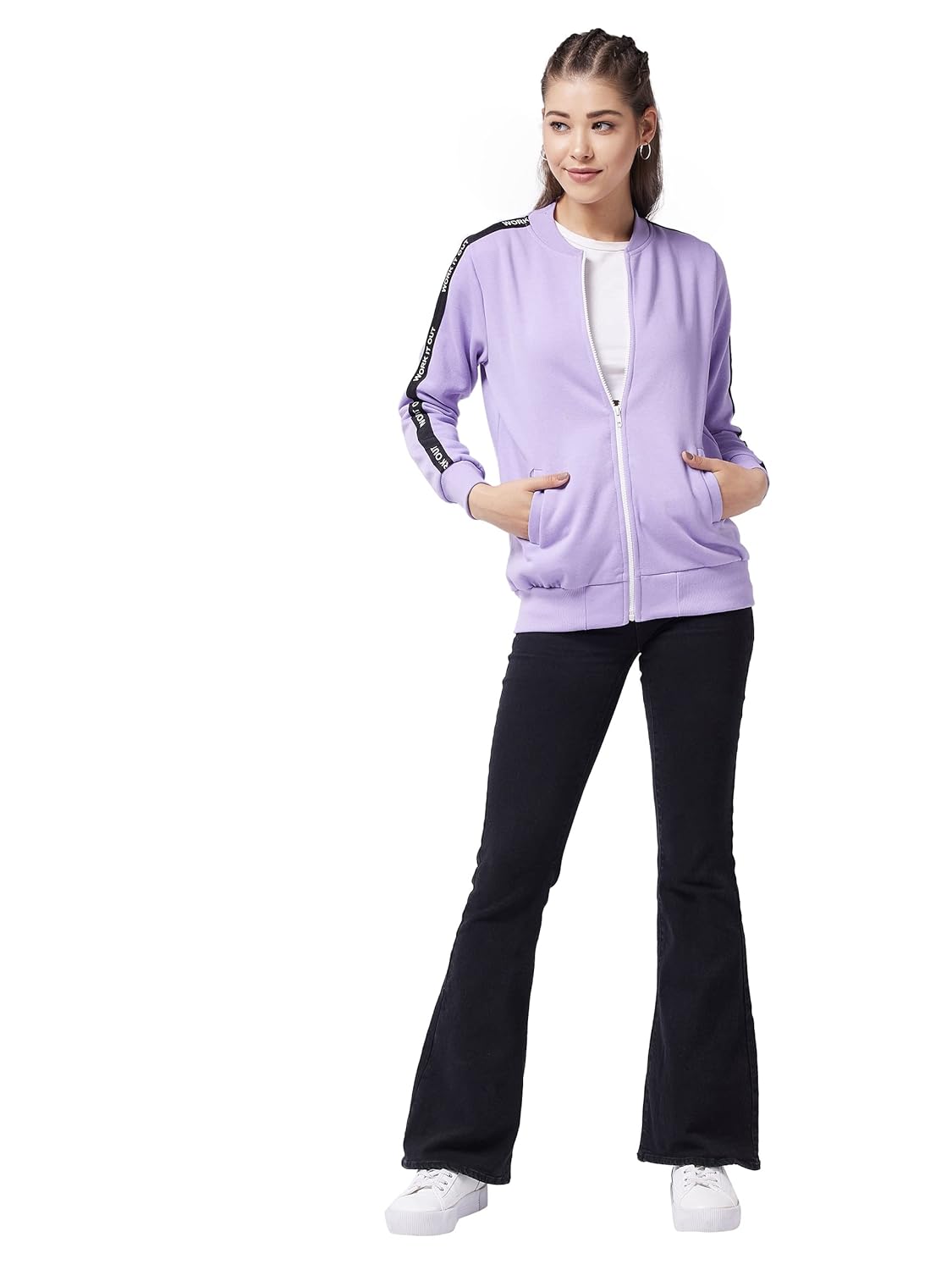 Women's Lavender V Neck Full Sleeves Solid Bomber Regular Jacket - Image 2