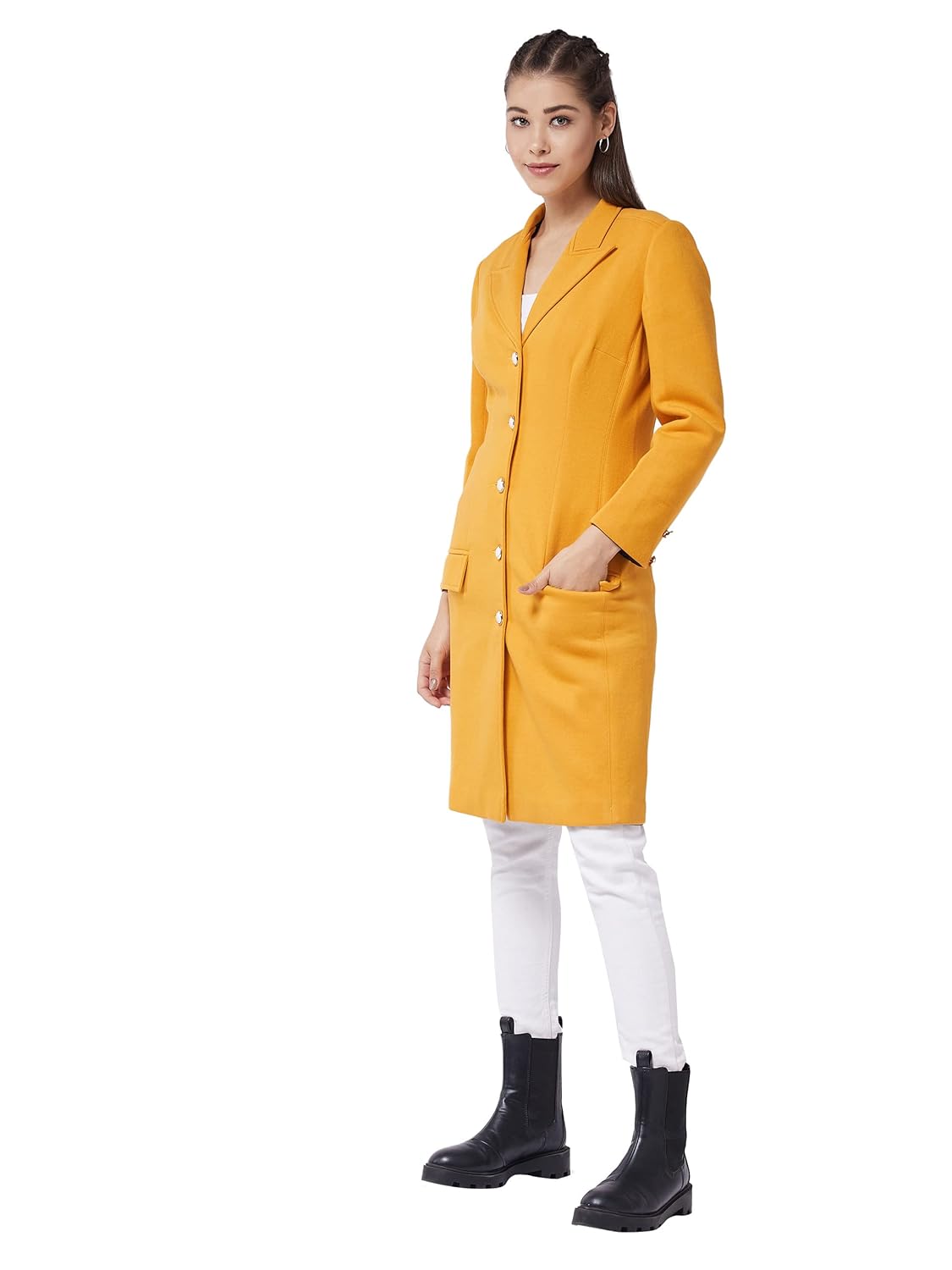 Women's Mustard V-Neck Full Sleeve Solid Front-Open Knee Length Jacket - Image 3