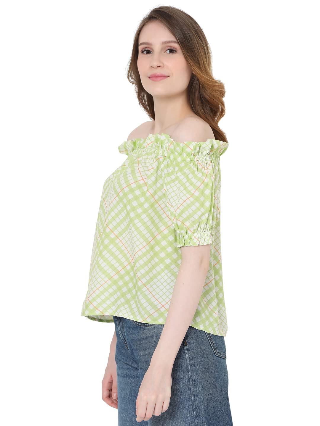 Women's Checkered Regular Fit Off Shouldet Top - Image 2