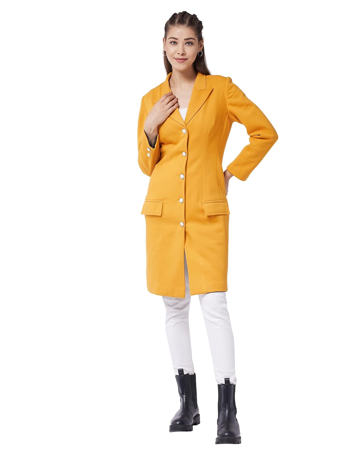Women's Mustard V-Neck Full Sleeve Solid Front-Open Knee Length Jacket - Image 2