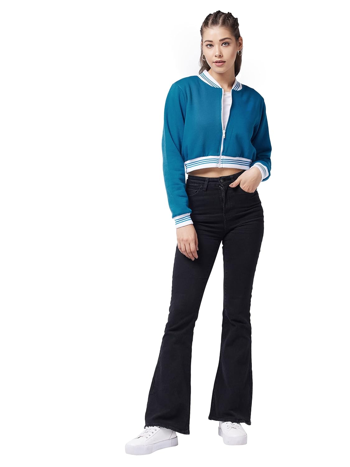 Women's Maroon V-Neck Full Sleeve Solid Bomber Crop Jacket - Image 2