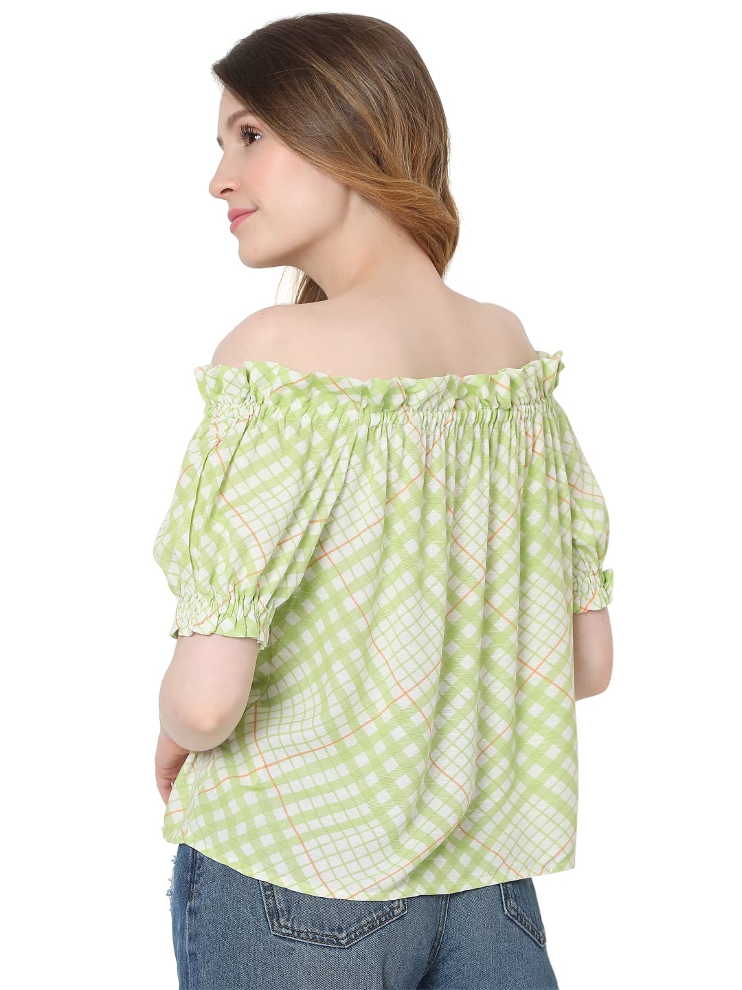 Women's Checkered Regular Fit Off Shouldet Top - Image 3