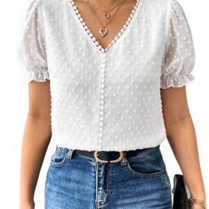 Women's Elegant French Textured Fabric Solid Black Color Lace Panel V-Neck Jacquard Blouse,Short Puff Sleeve Tops Simple Daily Spring/Summer Casual Blouse Shirt