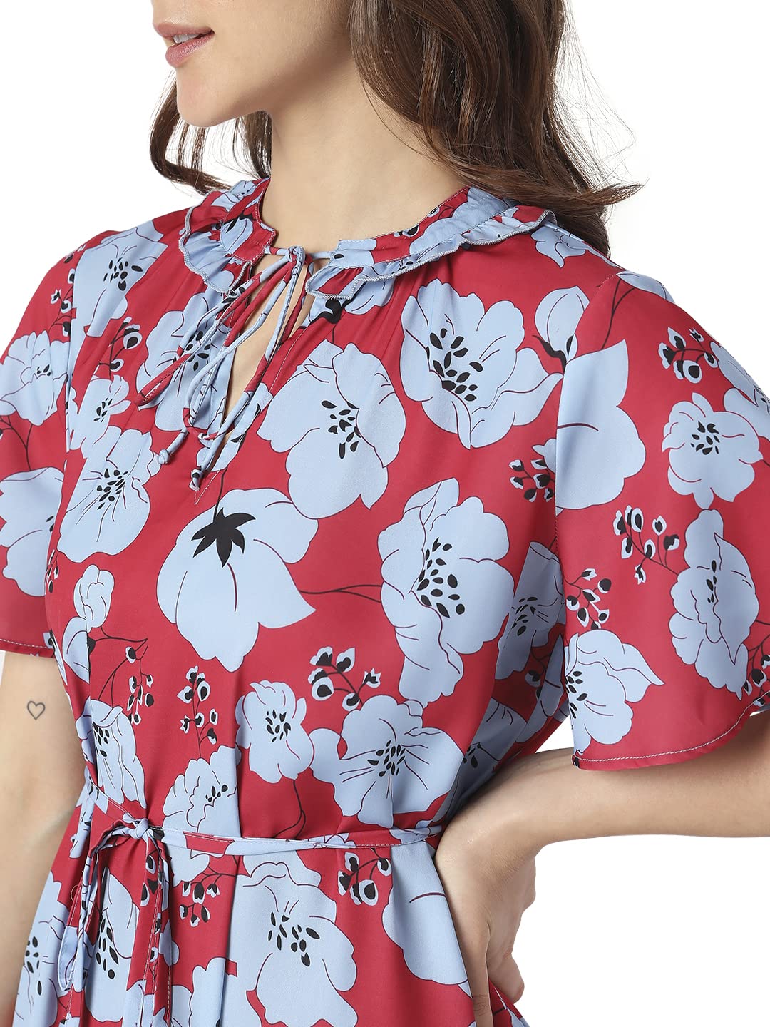 Floral Printed Tie-Up Neck Flounce A-Line Midi Dress - Image 5