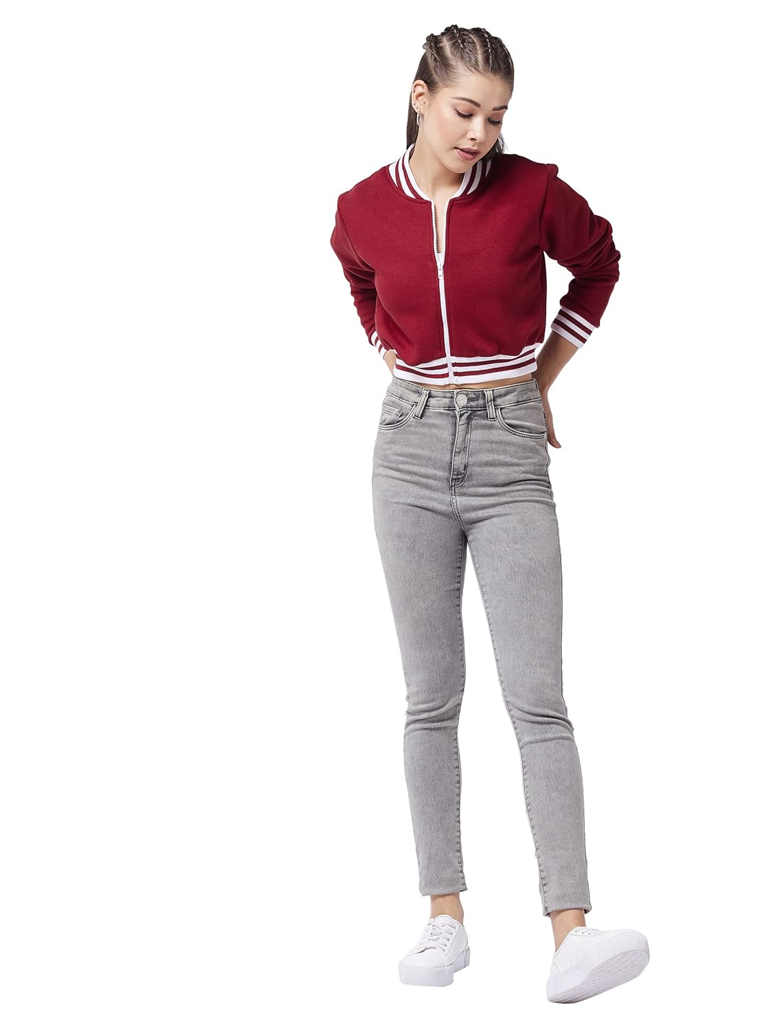 Women's Maroon V-Neck Full Sleeve Solid Bomber Crop Jacket - Image 8