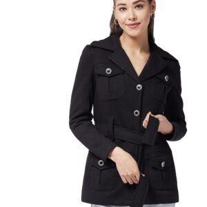 Women's Black V-Neck Full Sleeve Solid Longline Jacket