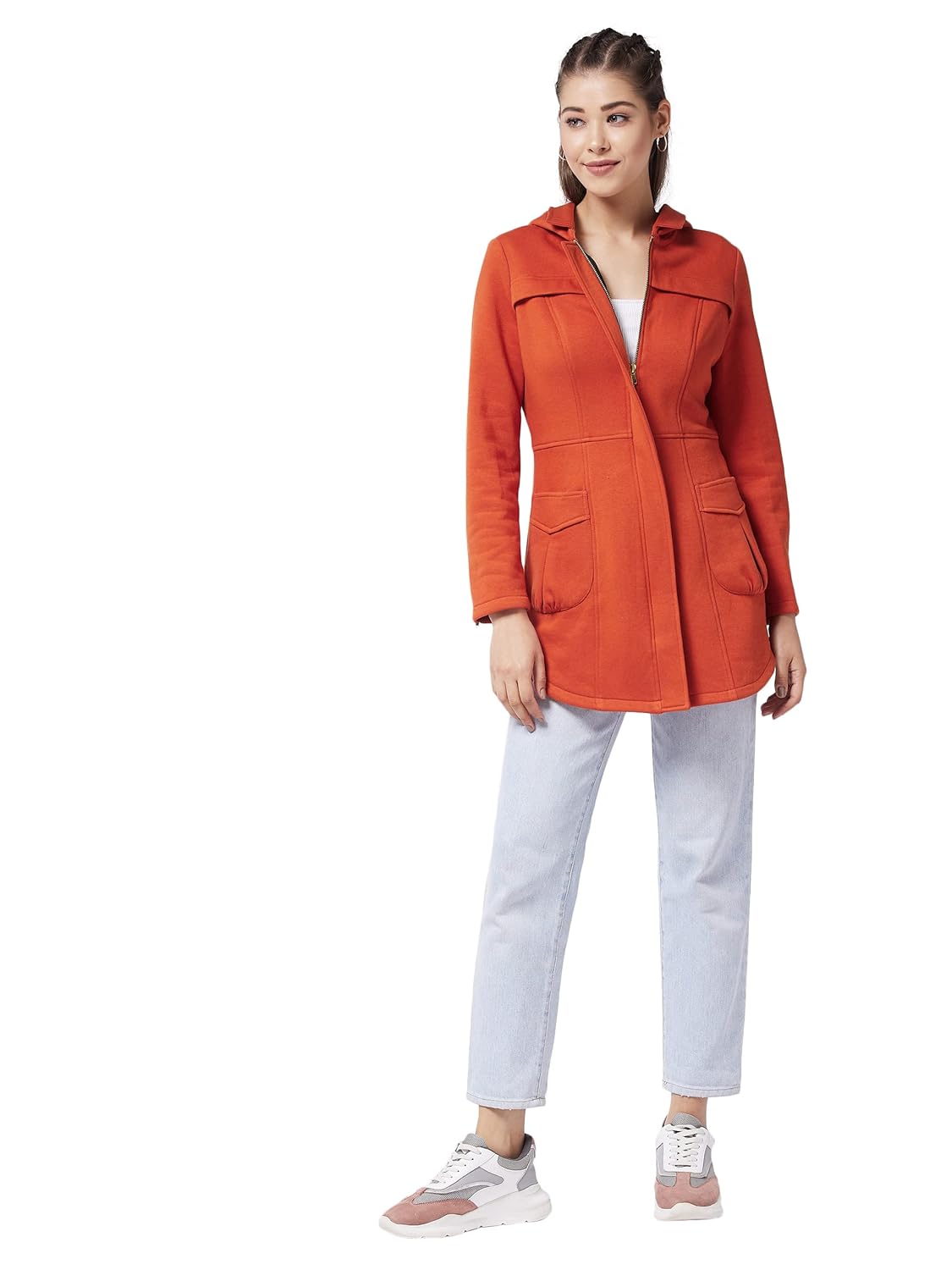 womens Women's Rust Hooded Full Sleeve Solid Longline Jacket - Image 2