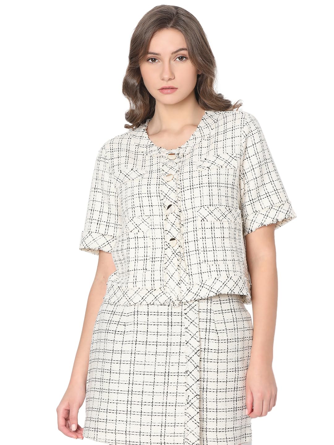 Checked Collarless Lightweight Tailored Jacket