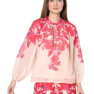 Floral Printed Tie-Up Neck Cuffed Sleeves Top