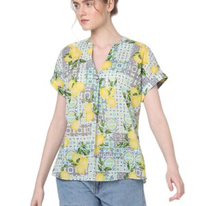 Tropical Print V-Neck Short Sleeves Regular Top