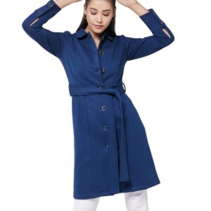 Women's Navy Blue Round Neck Collared Full Sleeve Solid Tie-up Longline Jacket
