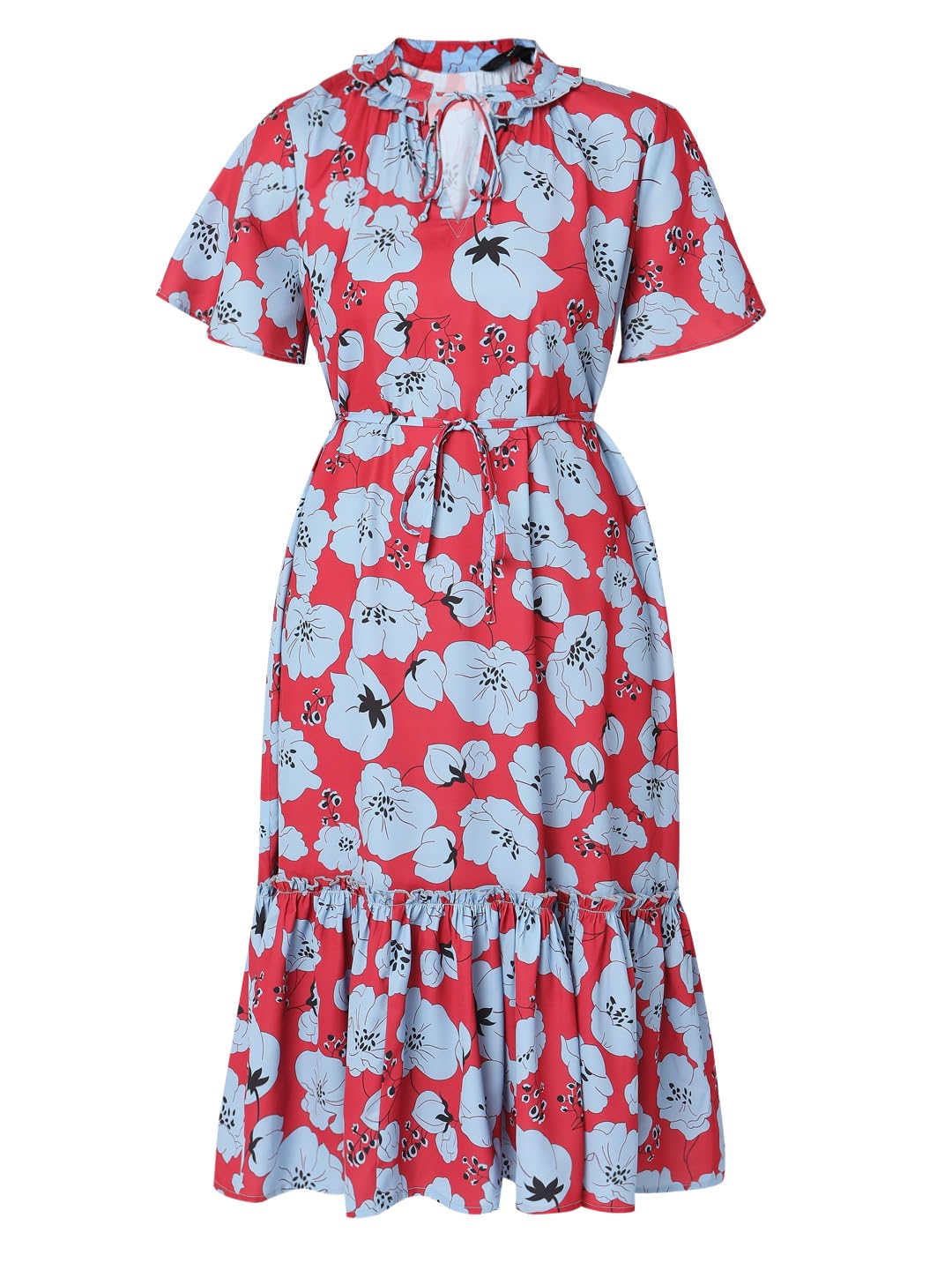 Floral Printed Tie-Up Neck Flounce A-Line Midi Dress - Image 6