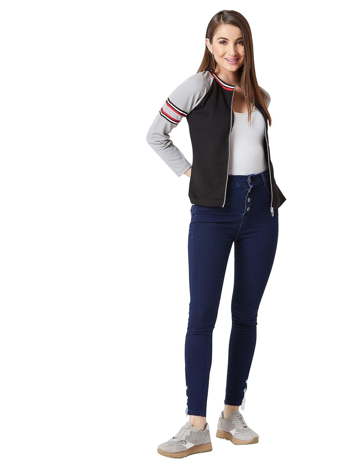 Women's Multicolored Round Neck Full Sleeves Solid Color-Blocked Jacket - Image 2