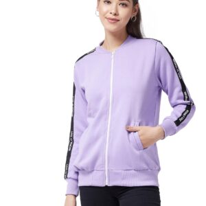 Women's Lavender V Neck Full Sleeves Solid Bomber Regular Jacket
