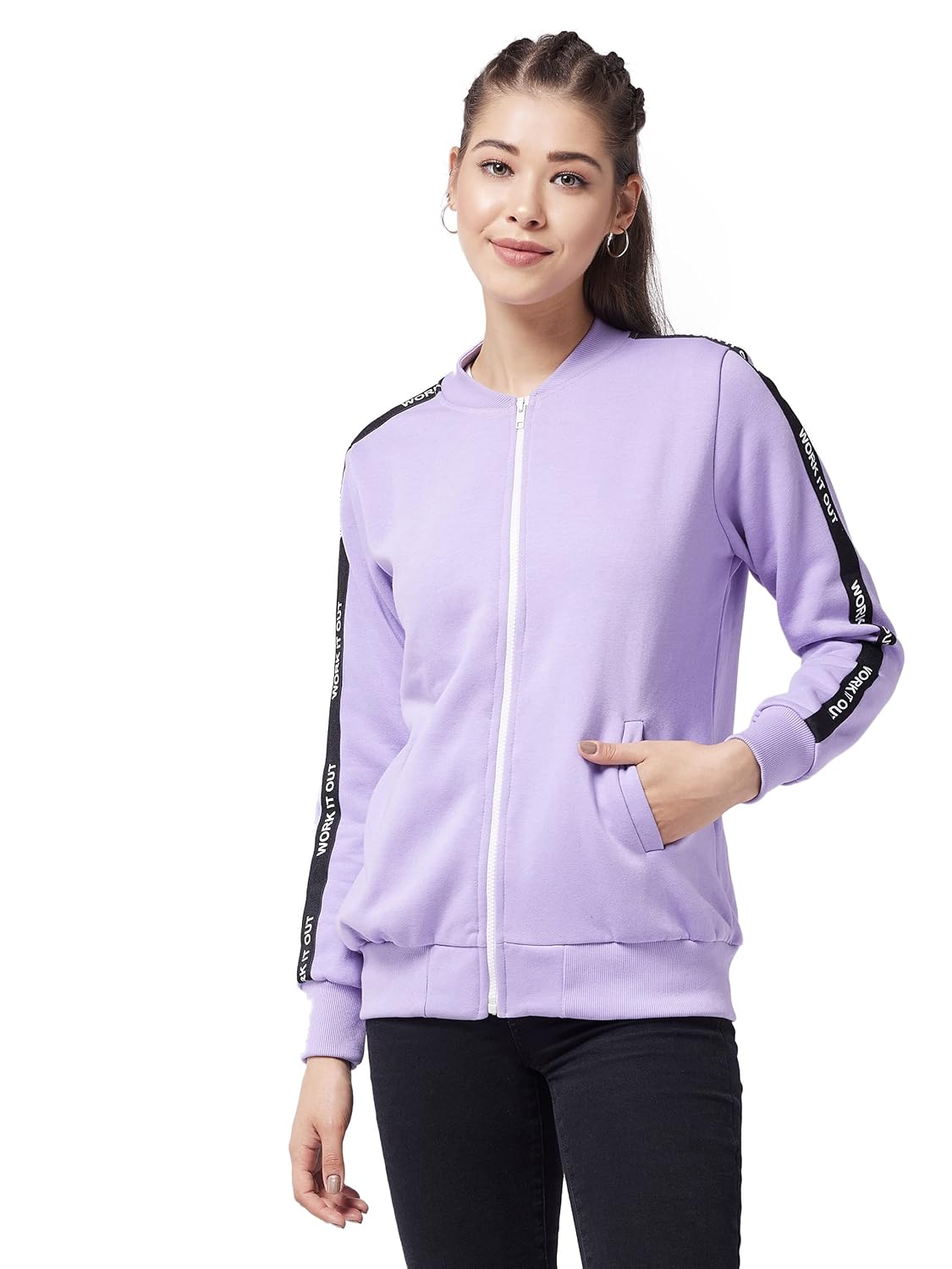 Women's Lavender V Neck Full Sleeves Solid Bomber Regular Jacket