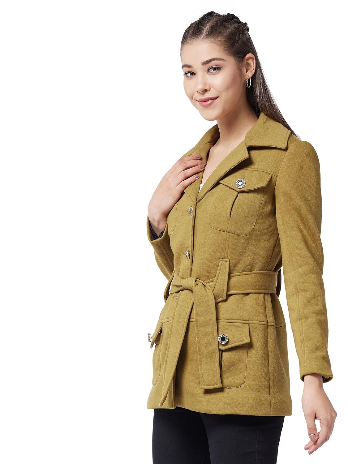 Women's Olive V-Neck Full Sleeve Solid Longline Jacket - Image 3
