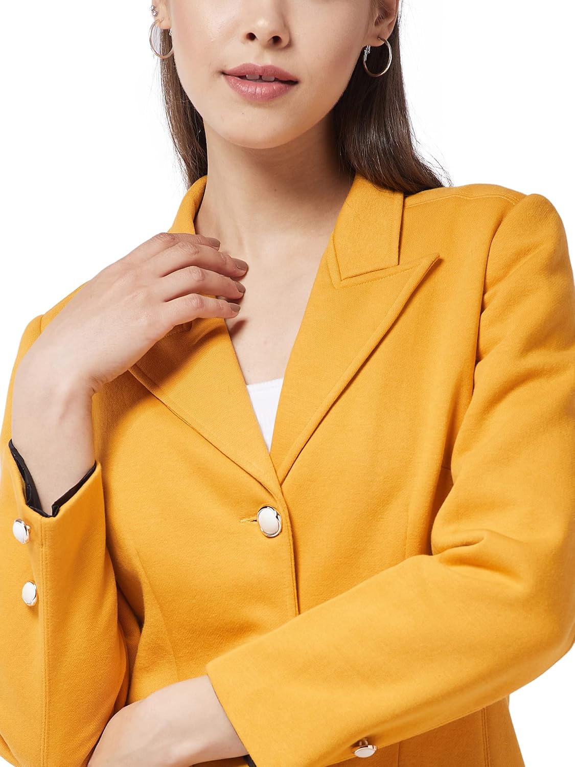 Women's Mustard V-Neck Full Sleeve Solid Front-Open Knee Length Jacket - Image 5