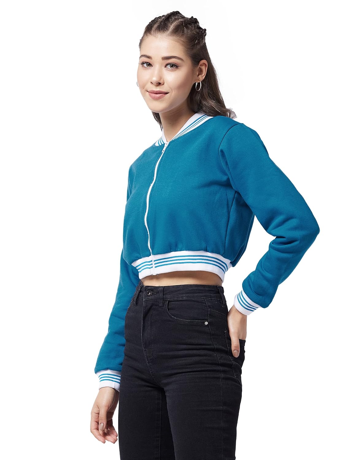 Women's Maroon V-Neck Full Sleeve Solid Bomber Crop Jacket - Image 3