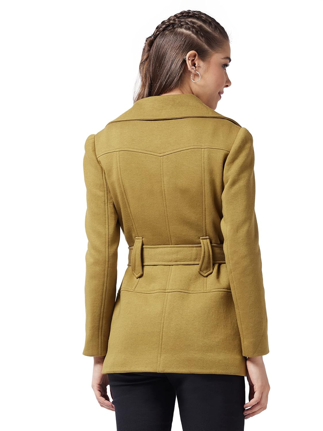 Women's Olive V-Neck Full Sleeve Solid Longline Jacket - Image 4
