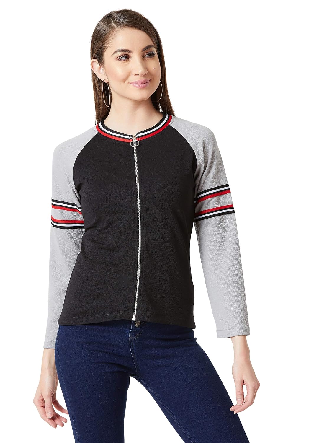 Women's Multicolored Round Neck Full Sleeves Solid Color-Blocked Jacket - Image 3