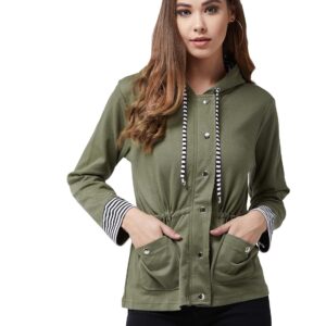 Women's Olive Green Hooded Solid Waist Tie-Up Jacket