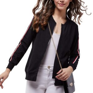 Women's Black V-Neck Full Sleeves Cotton Solid Zippered Twill Tape Detailing Relaxed Bomber Jacket with Pockets