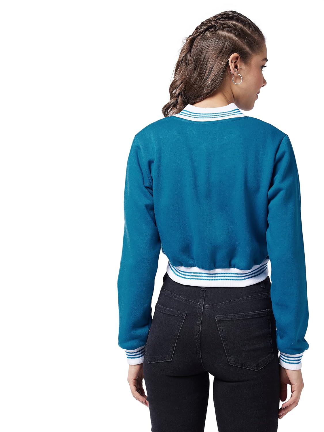 Women's Maroon V-Neck Full Sleeve Solid Bomber Crop Jacket - Image 4