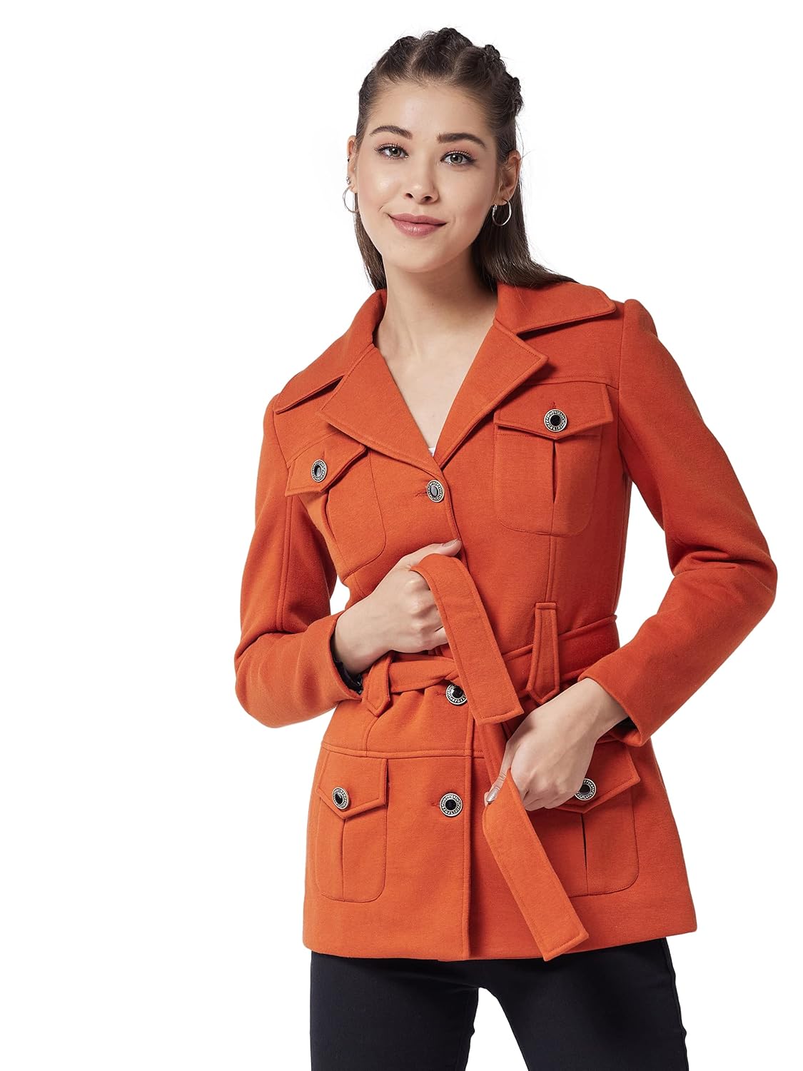 Women's Olive V-Neck Full Sleeve Solid Longline Jacket - Image 7