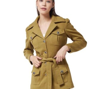 Women's Olive V-Neck Full Sleeve Solid Longline Jacket