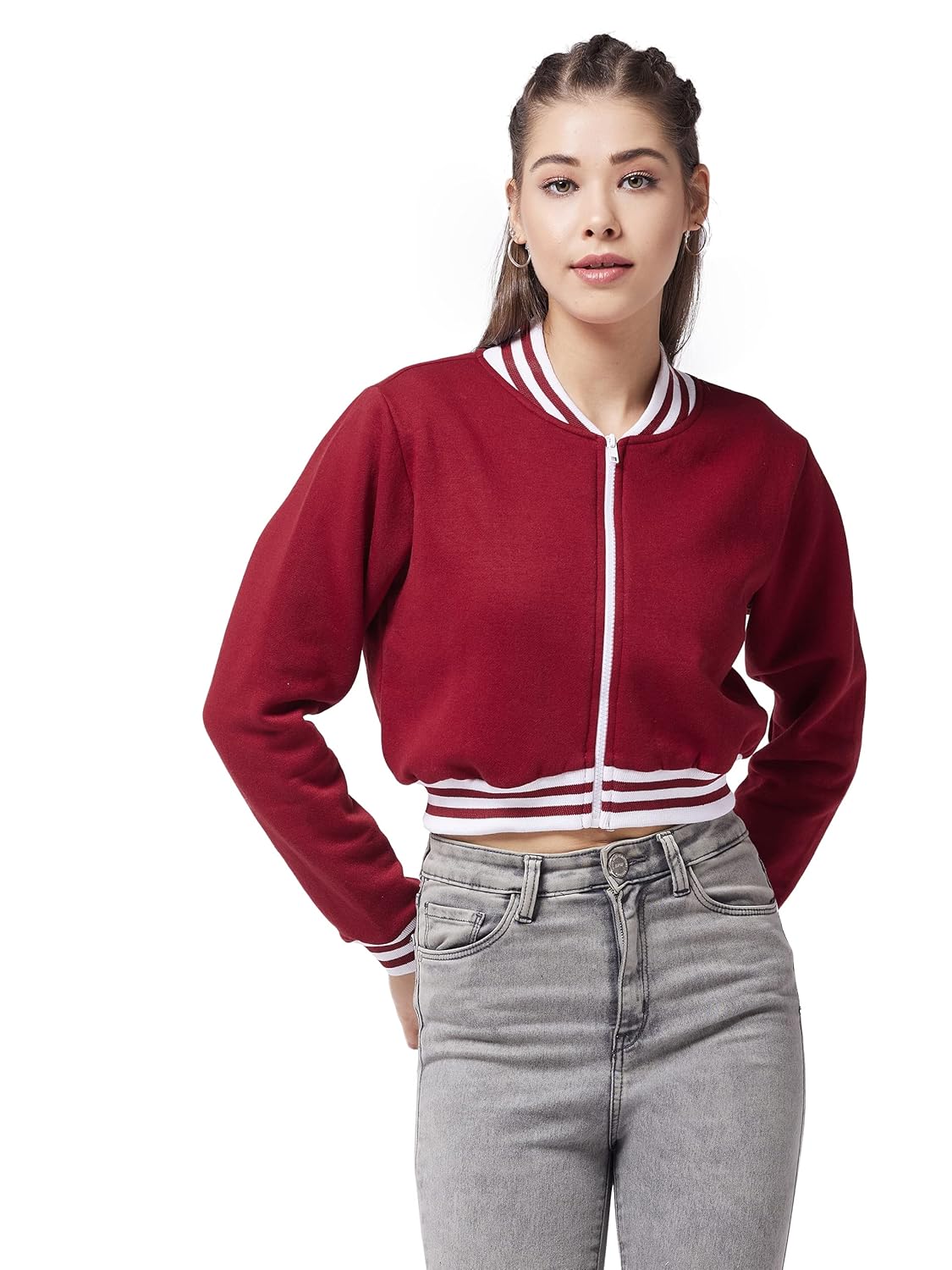 Women's Maroon V-Neck Full Sleeve Solid Bomber Crop Jacket - Image 7