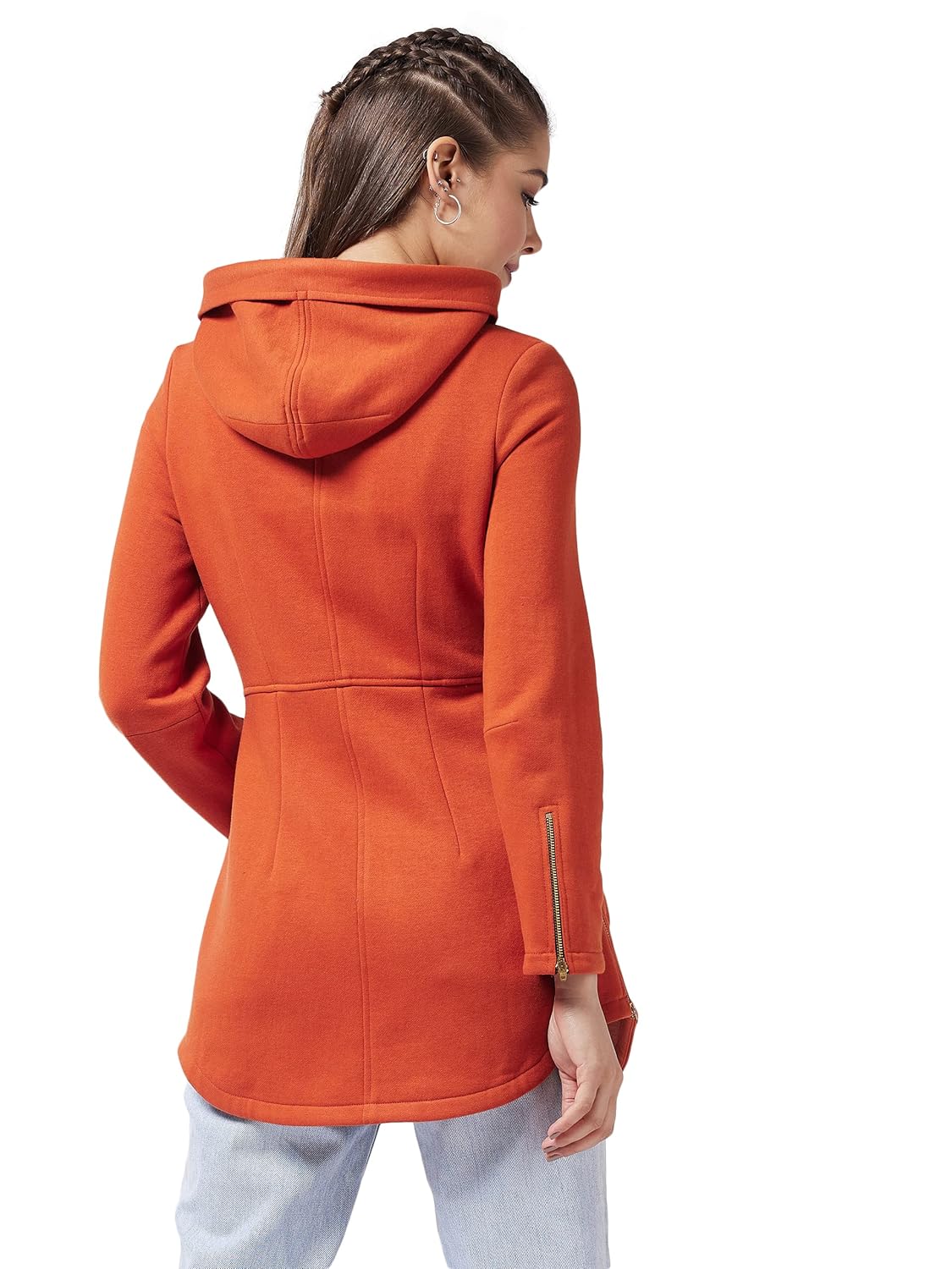 womens Women's Rust Hooded Full Sleeve Solid Longline Jacket - Image 4