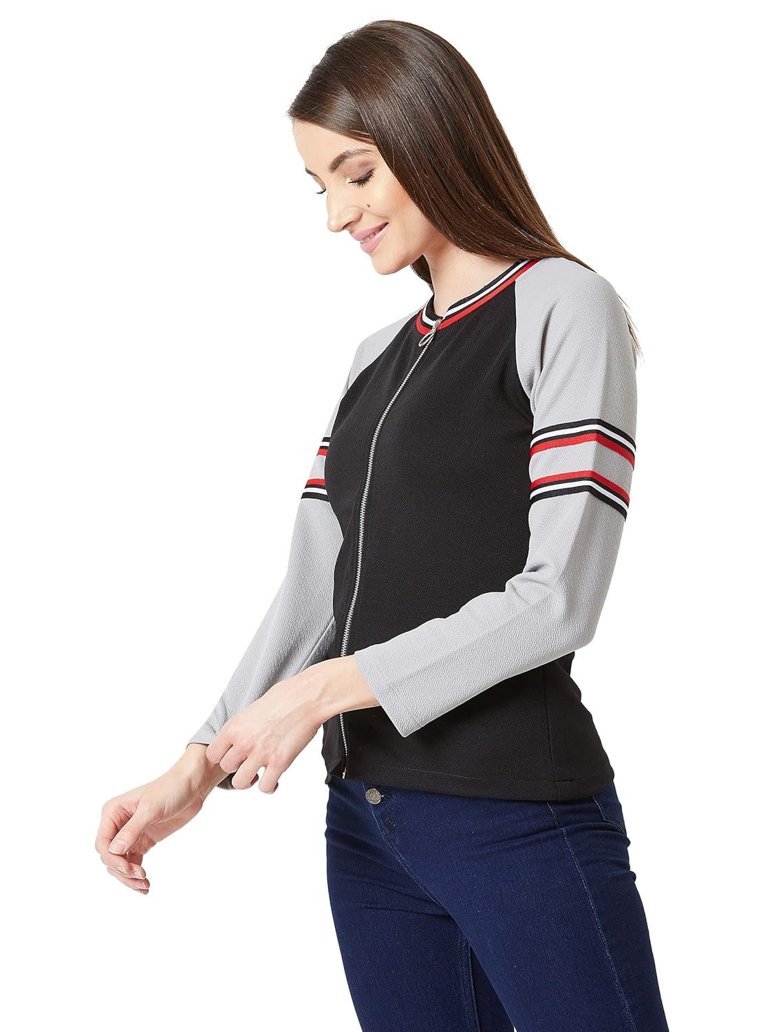 Women's Multicolored Round Neck Full Sleeves Solid Color-Blocked Jacket