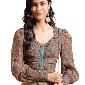 Women's Floral Printed V-Neck Top | Cuffed Sleeves | Elegant & Feminine | Perfect for Work & Casual Chic | Tops for Woman | Women Tops | Women Crop Top