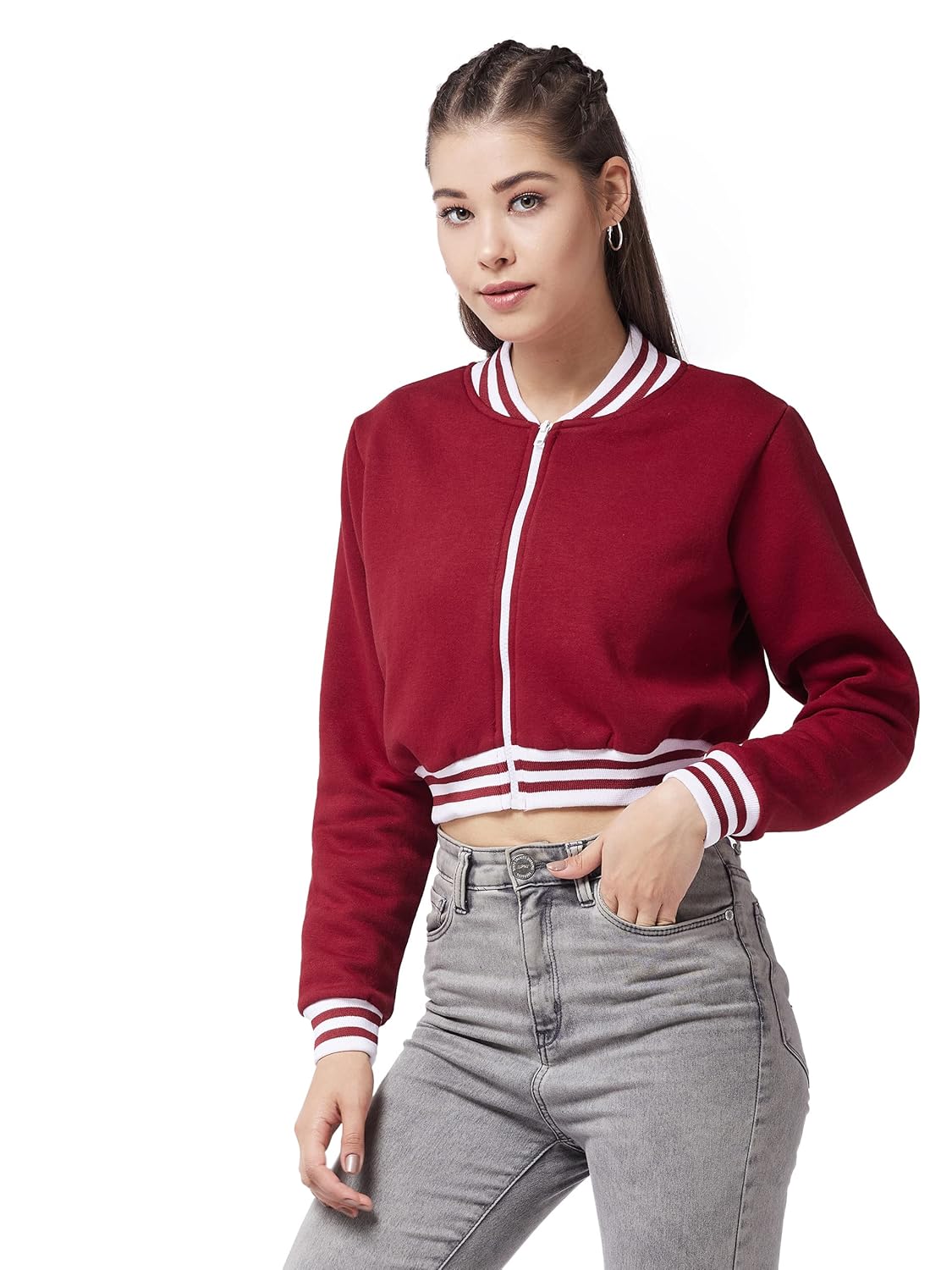 Women's Maroon V-Neck Full Sleeve Solid Bomber Crop Jacket - Image 9