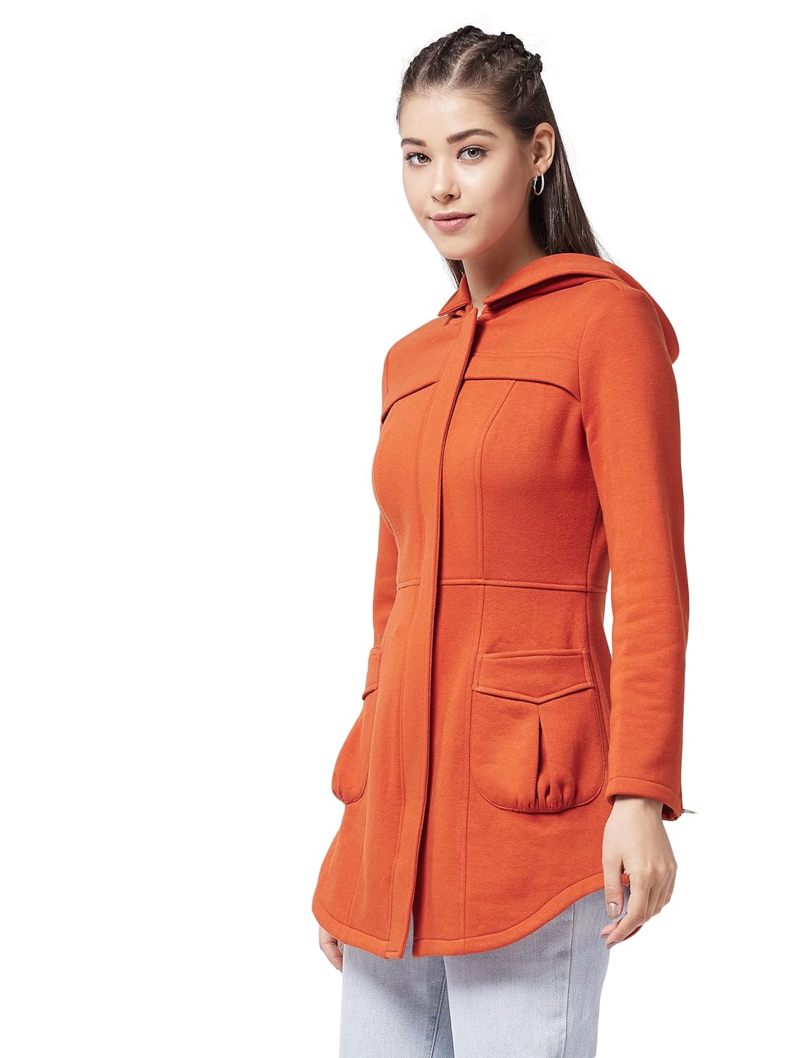 womens Women's Rust Hooded Full Sleeve Solid Longline Jacket - Image 3