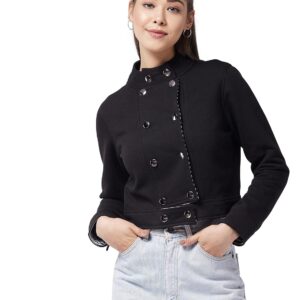 Women's Black Round Neck Full Sleeve Solid Crop Jacket